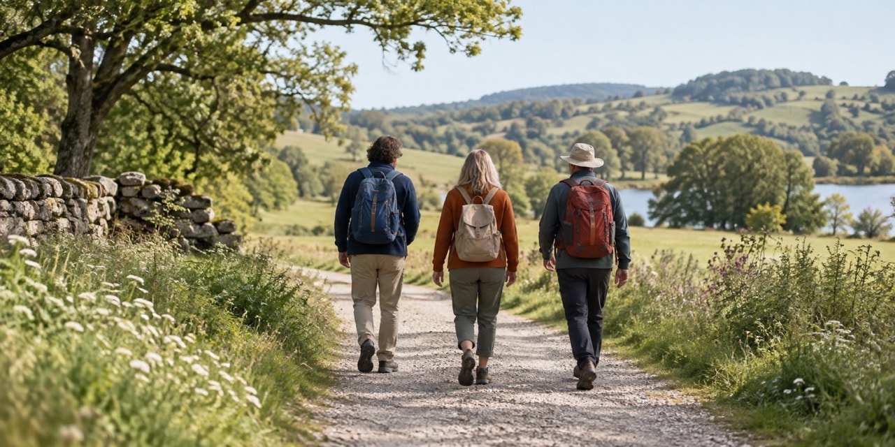 Three adults walking away together along a broad meadow path