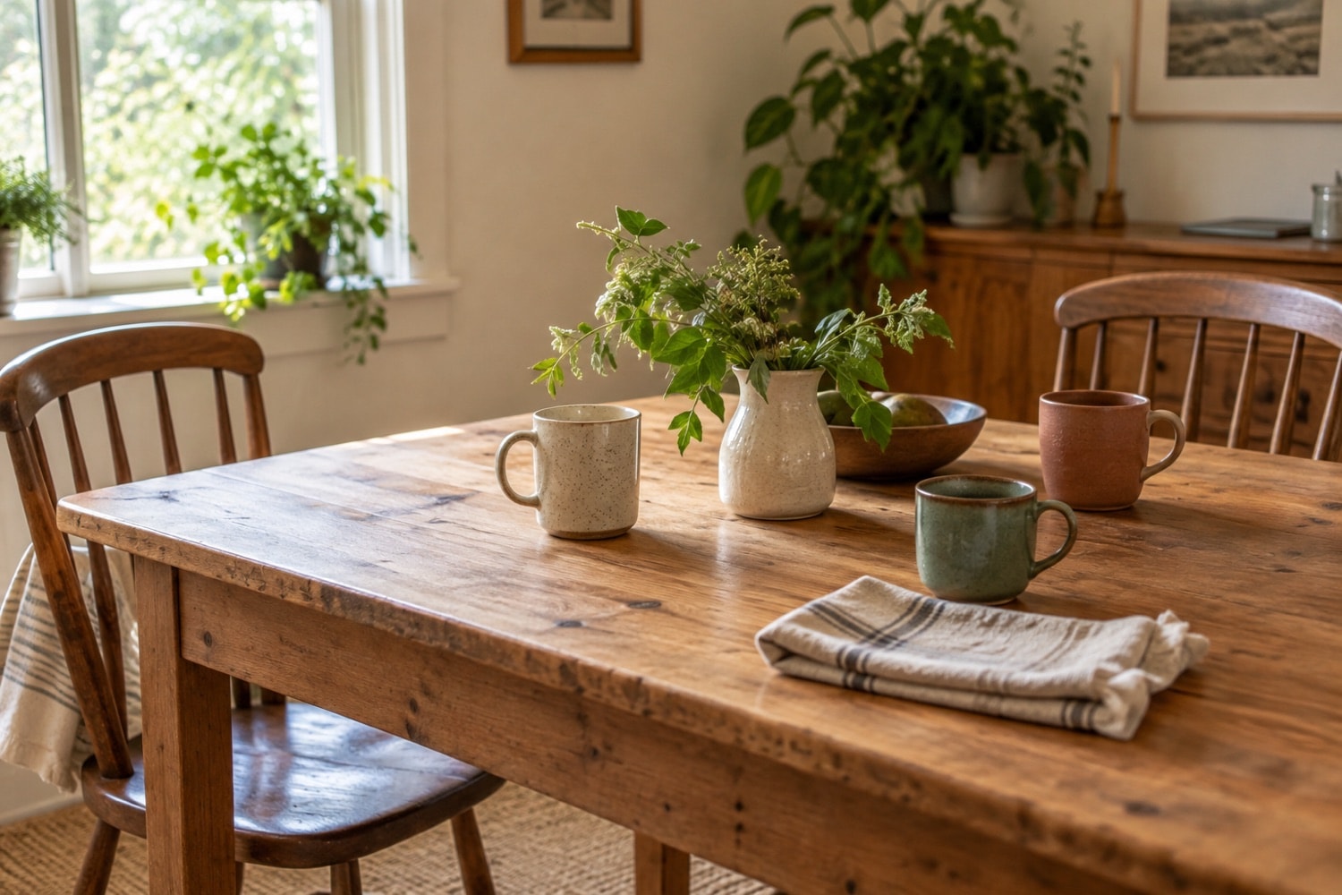 A wooden table with three mugs, empty chairs and garden leaves in a vase